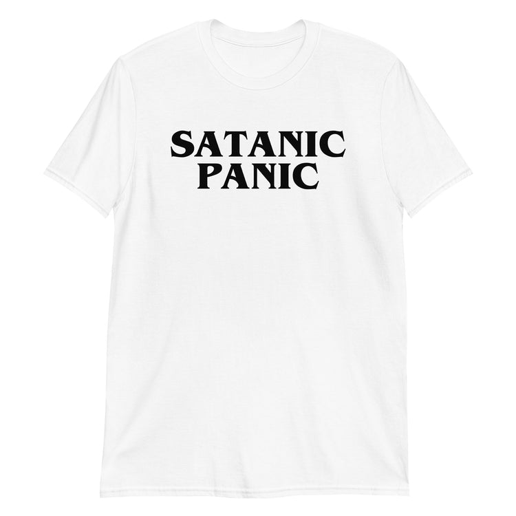 White unisex t-shirt with "Satanic Panic" graphic print, front view