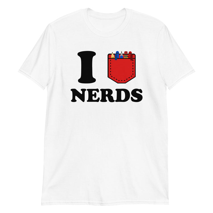 White unisex t-shirt with "I Love Nerds" graphic print, front view