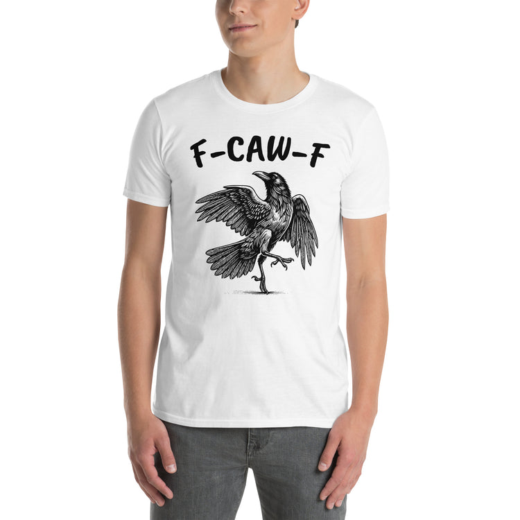 White unisex t-shirt with "F-Caw-F Swearing Crow" graphic print, front view