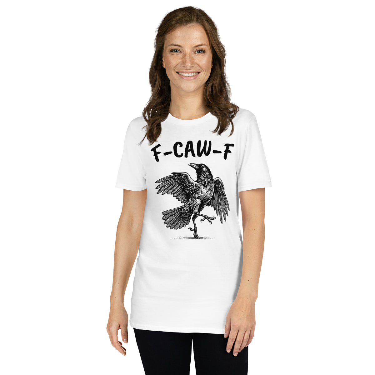White unisex t-shirt with "F-Caw-F Swearing Crow" graphic print, front view