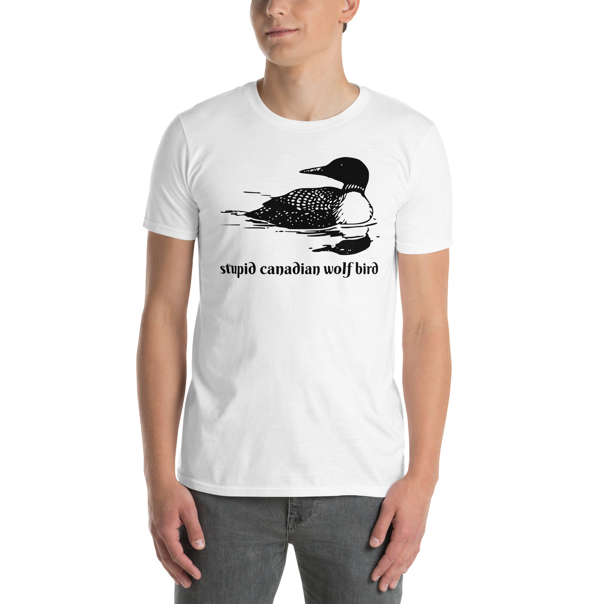 White unisex t-shirt with "Stupid Canadian Wolf Bird" graphic print, front view