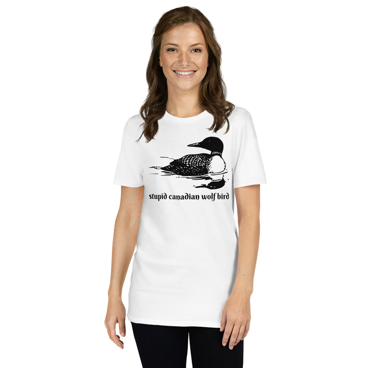 White unisex t-shirt with "Stupid Canadian Wolf Bird" graphic print, front view